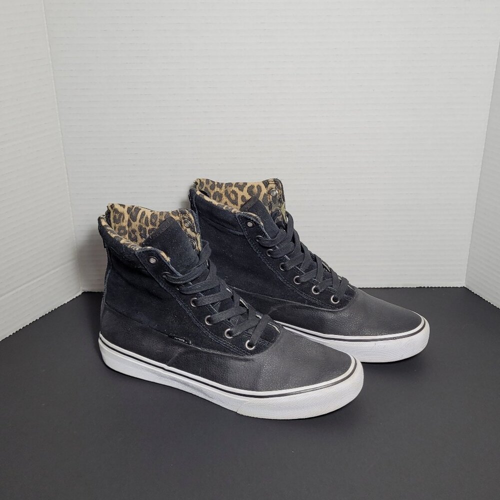 Vans Sk8-Hi Zip Back Leather & Suede Black Skate Sneaker Leopard Lining Wm's 8